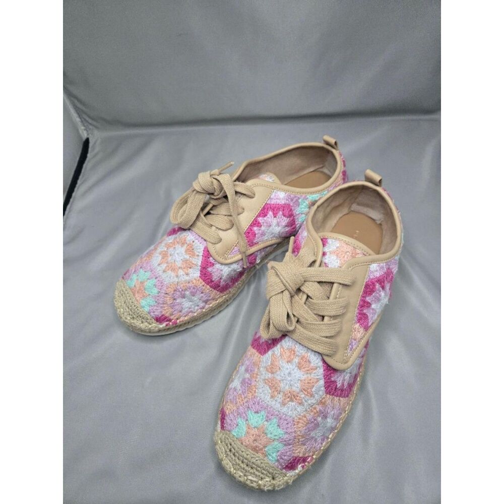 Boho Granny Square Crochet Lace-Up Espadrille Sneaker Flat Shoes Pink Multi Sz 8